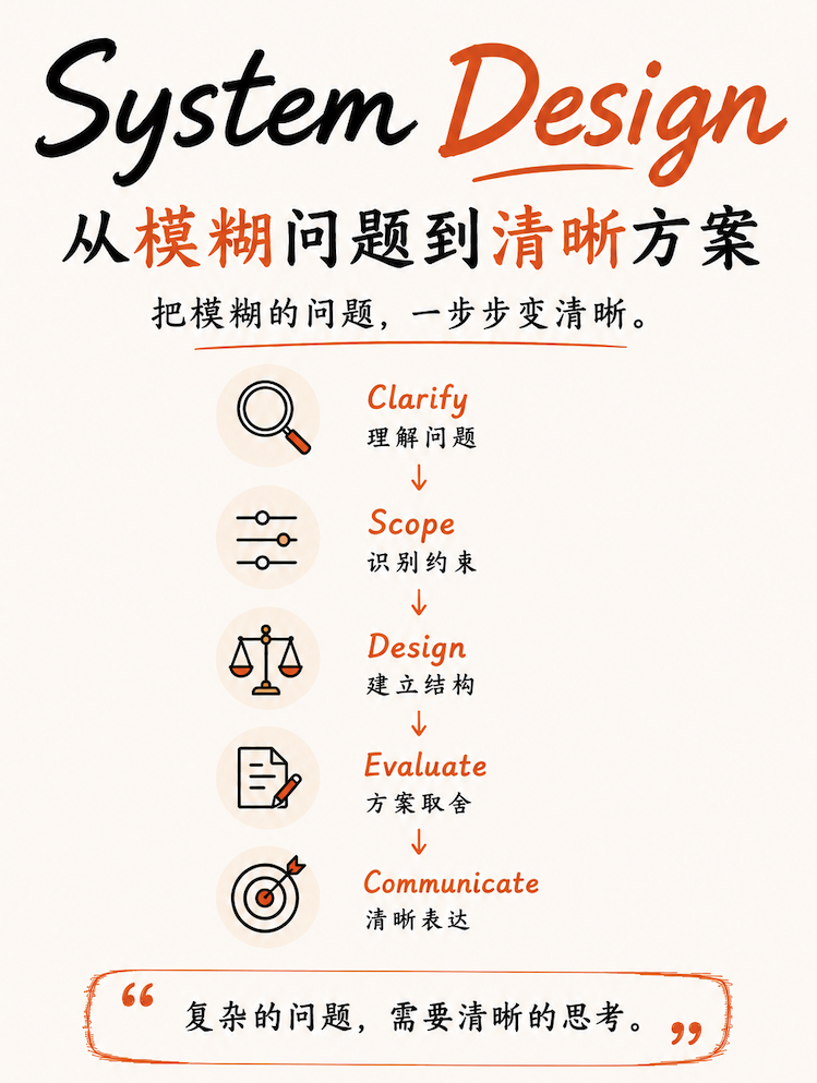 System Design:从模糊问题到清晰方案,Clarify、Scope、Design、Evaluate、Communicate 五步法