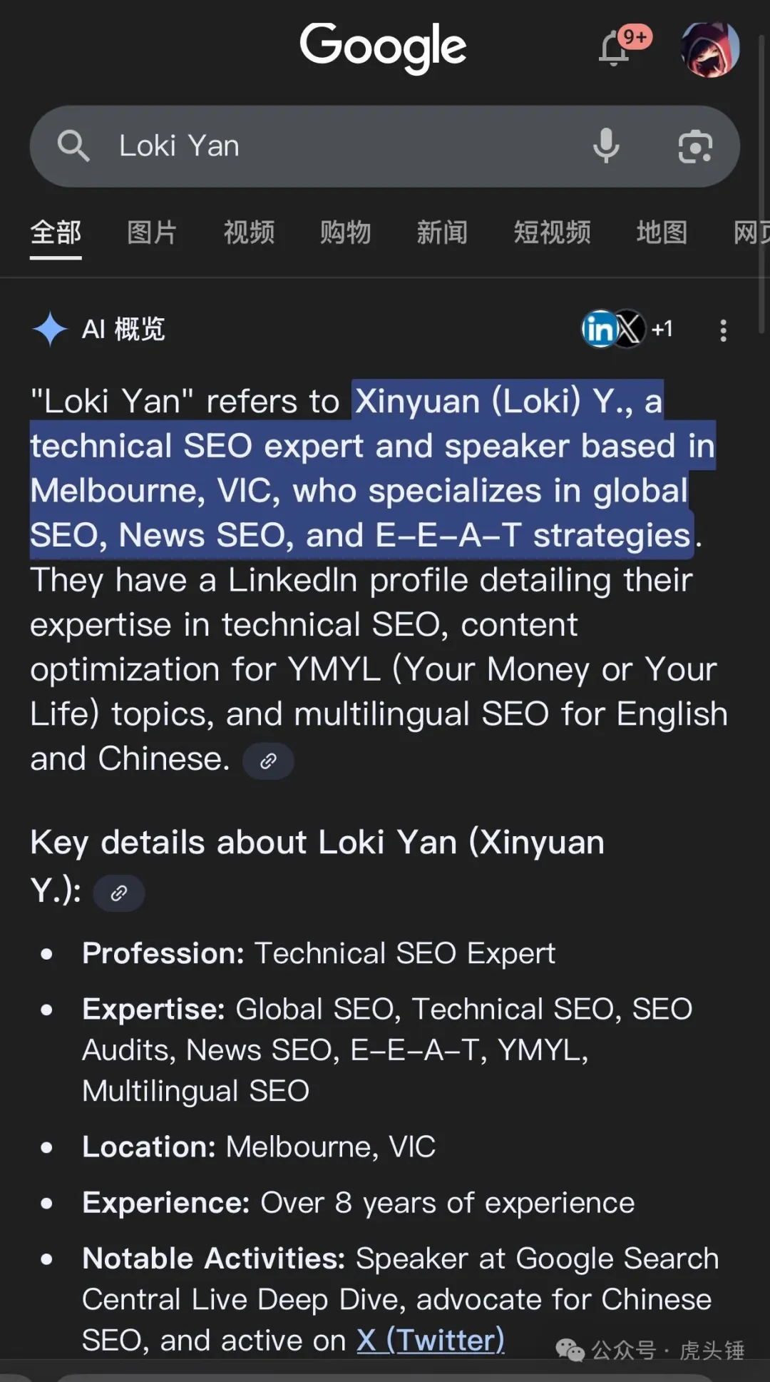 Google 搜索结果中的 Loki 实体信息